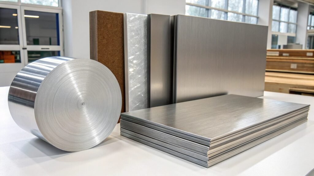 An image collage representing various industries that heavily rely on aluminum, such as a car, a plane, a building facade, and a smartphone, illustrating its widespread use.